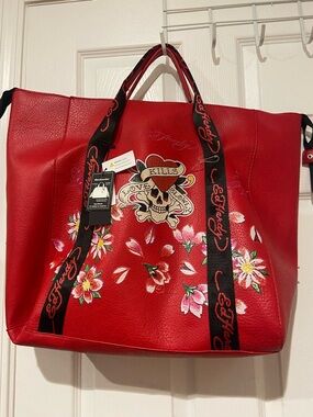 Ed Hardy Red Floral Leather Tote with Embroidered Skull Patch